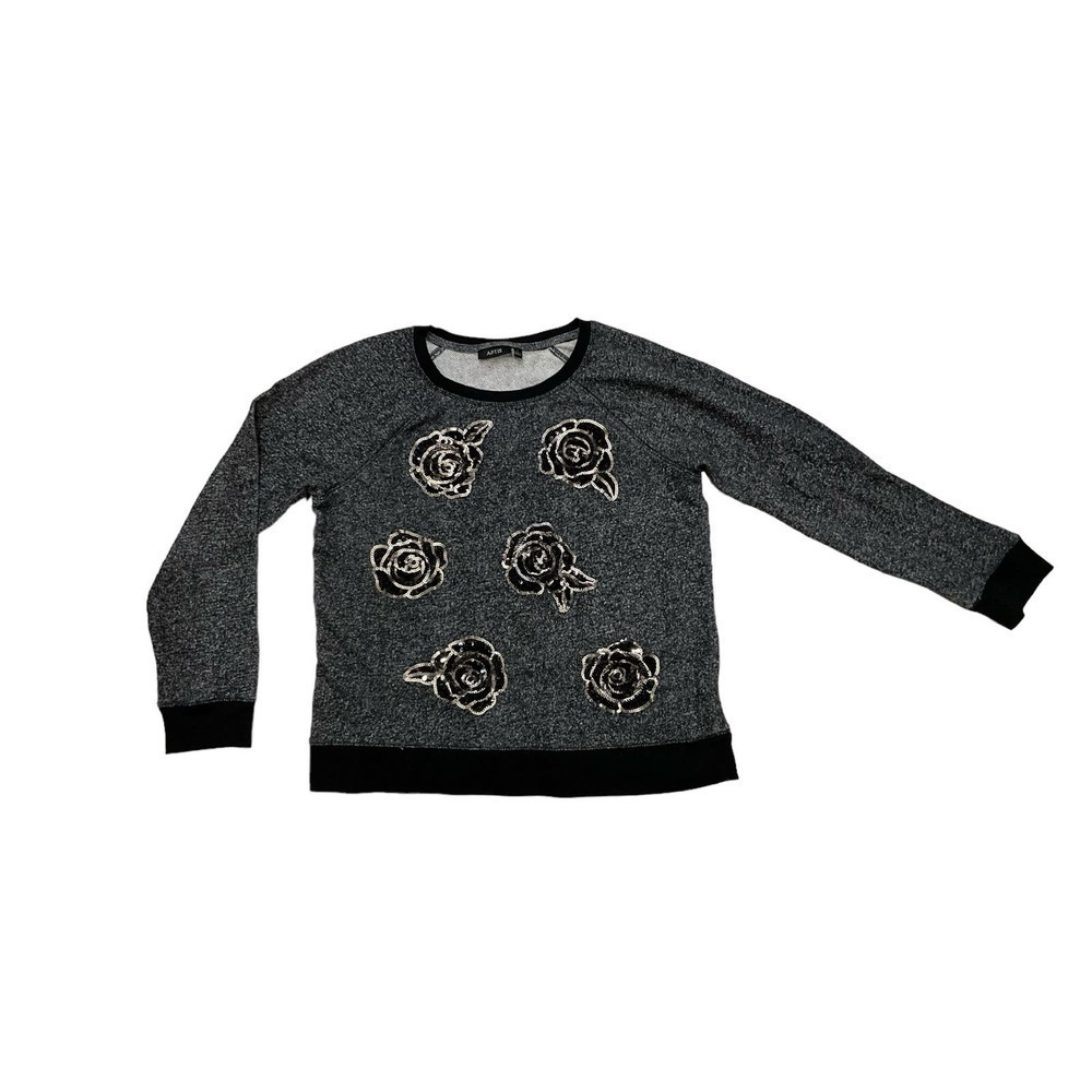 Apt. 9 Sweatshirt Women's Black‎ Sequin Floral Long Sleeve Ribbed Hem Crew Neck